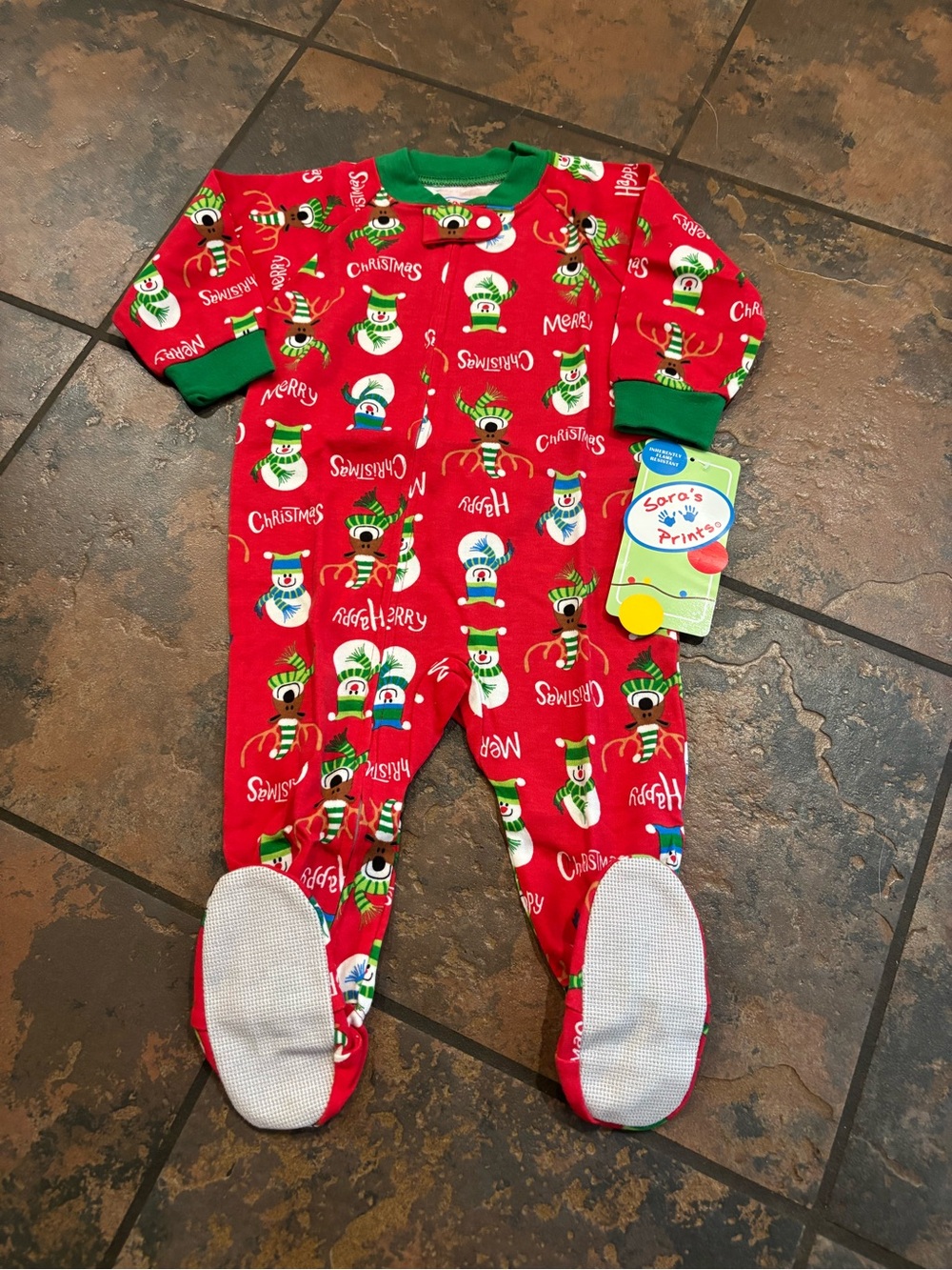 🧡Sara's Prints Red Christmas Snowman & Reindeer Footed Pajamas with Green Trim